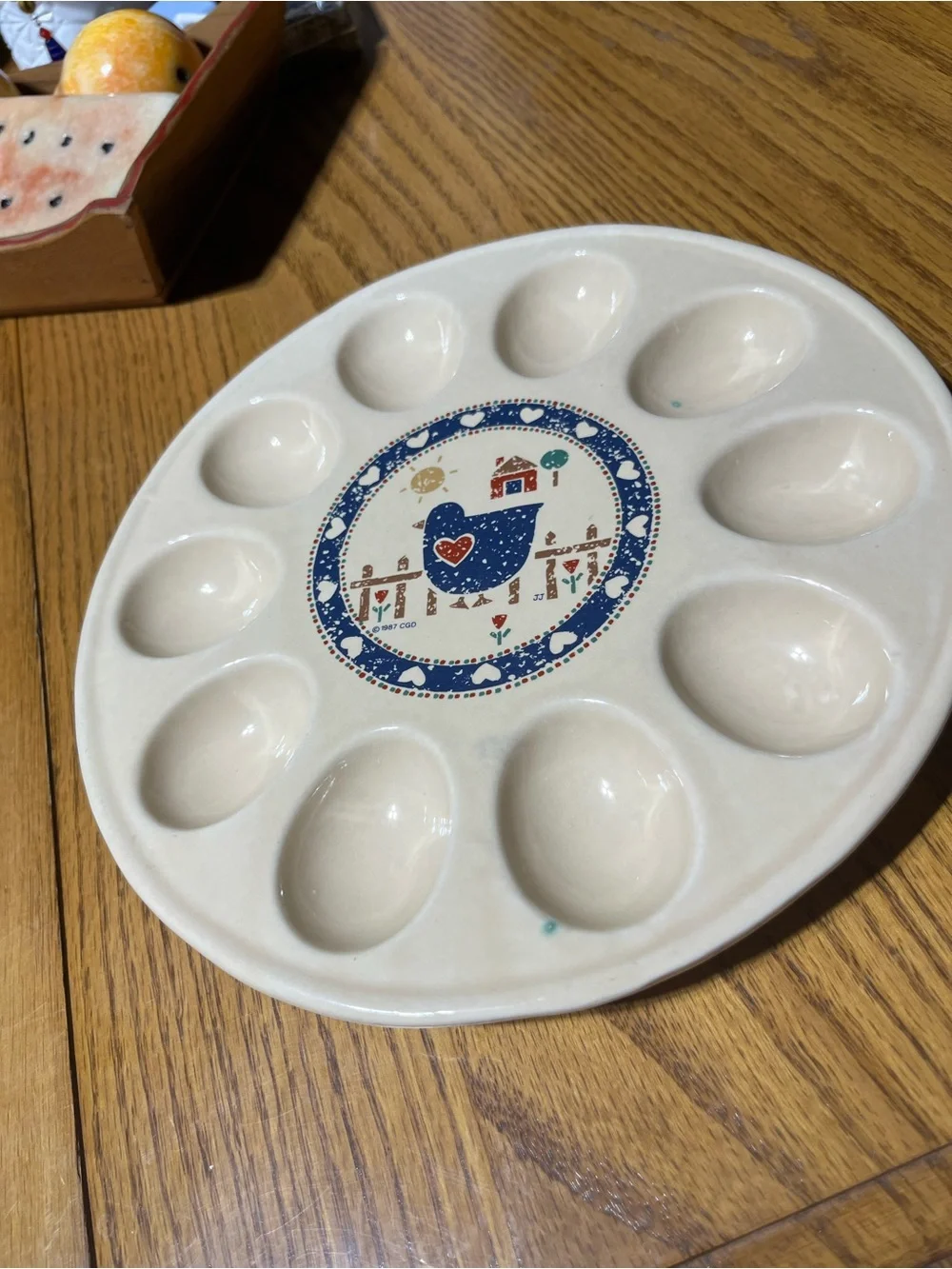 Ceramic Egg Platter with Blue Folk Art Chicken 9 In Diameter